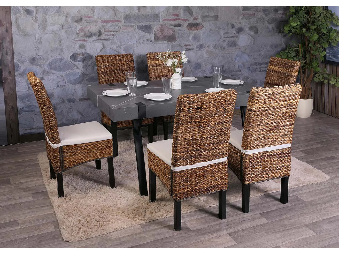 Set 2x sedie intreccio di banano eleganti soggiorno sala pranzo M69 Bali gambe scure con cuscini