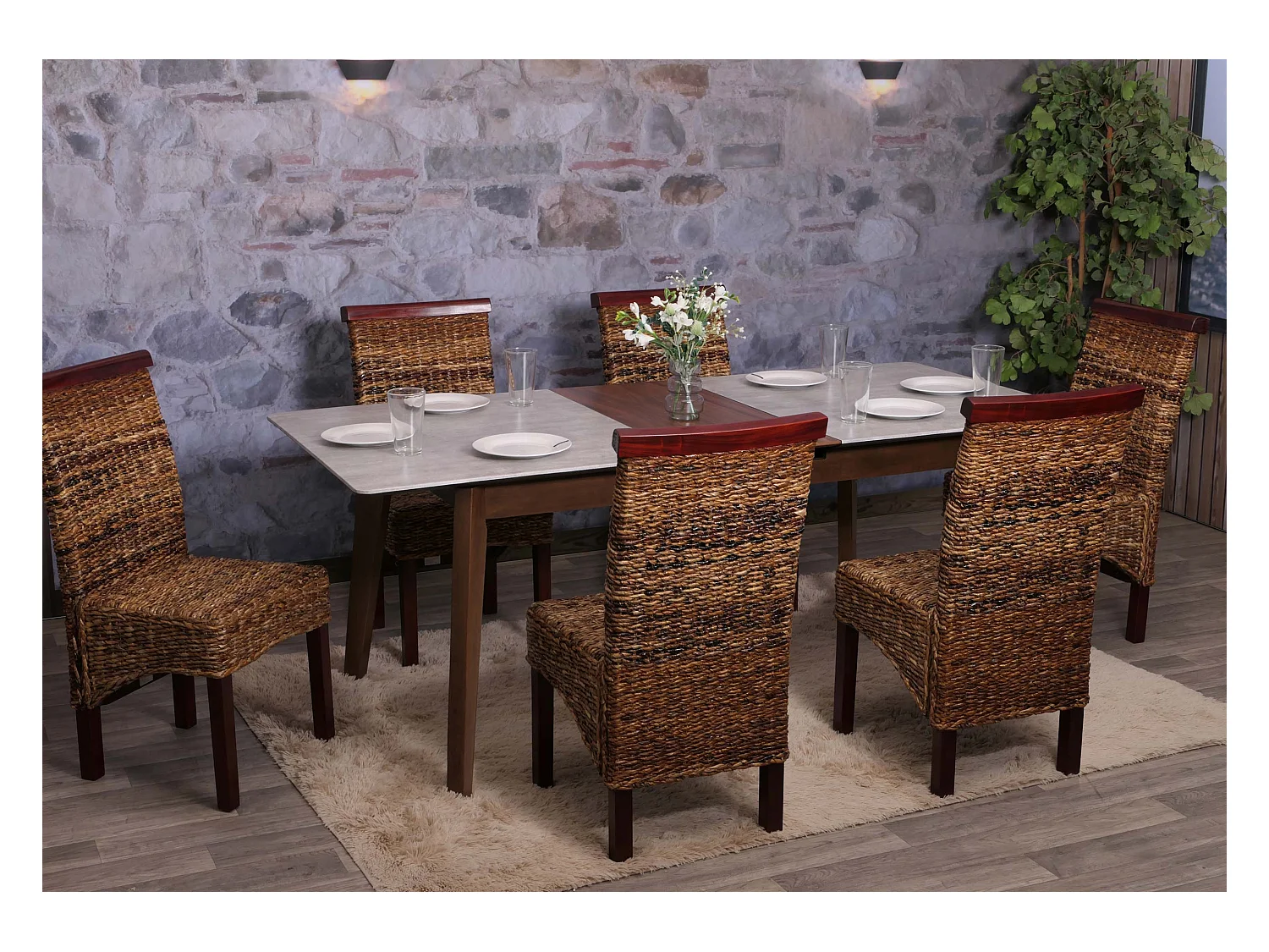 Chaise de salle à manger Manfredonia (lot de 6), Lot de 6 chaises M45, banane tressée, 47x54x93cn, pieds marrons