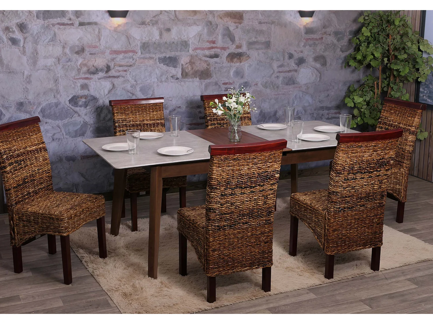 Chaise de salle à manger Manfredonia (lot de 6), Lot de 6 chaises M45, banane tressée, 47x54x93cn, pieds marrons