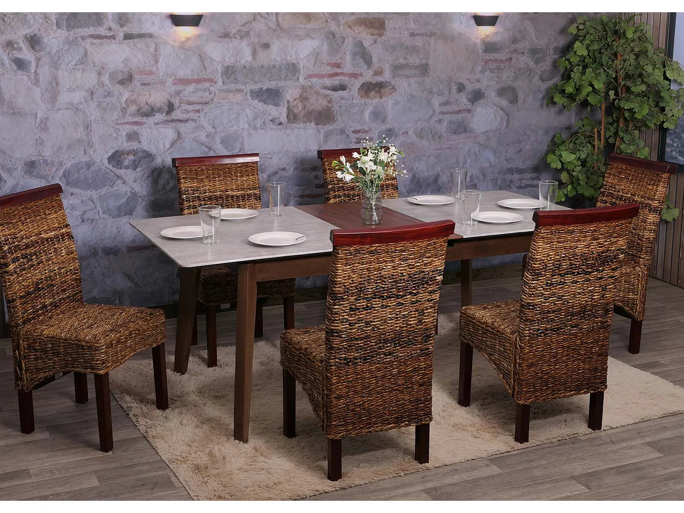 Chaise de salle à manger Acireale (lot de 2), Lot de 2 chaises M45, banane tressée, 47x54x93cn, pieds marrons