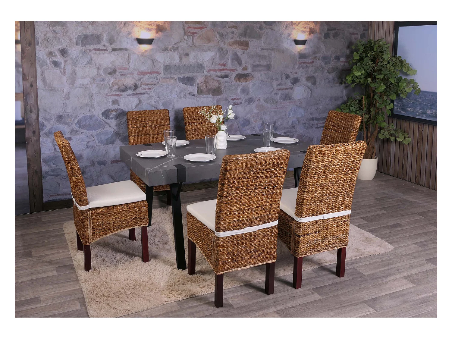 Chaise de salle à manger Loiret (lot de 6),  pieds marrons, avec coussins