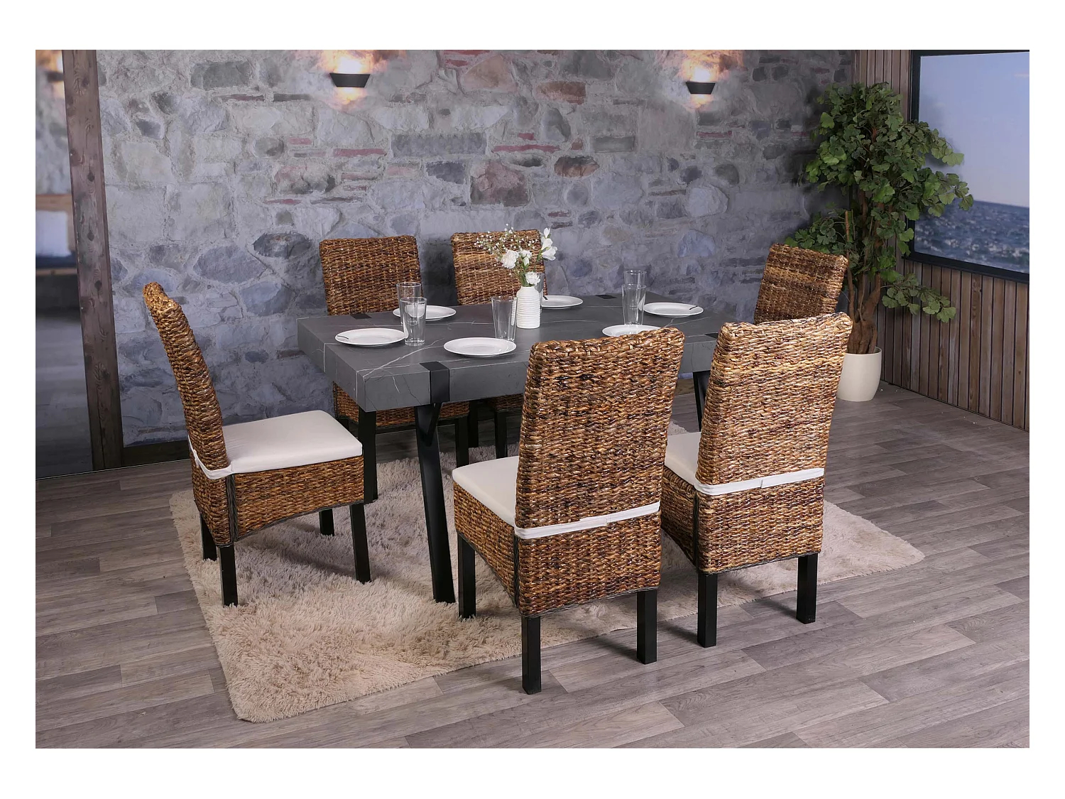 Chaise de salle à manger Loiret (lot de 6),  pieds foncés, avec coussins