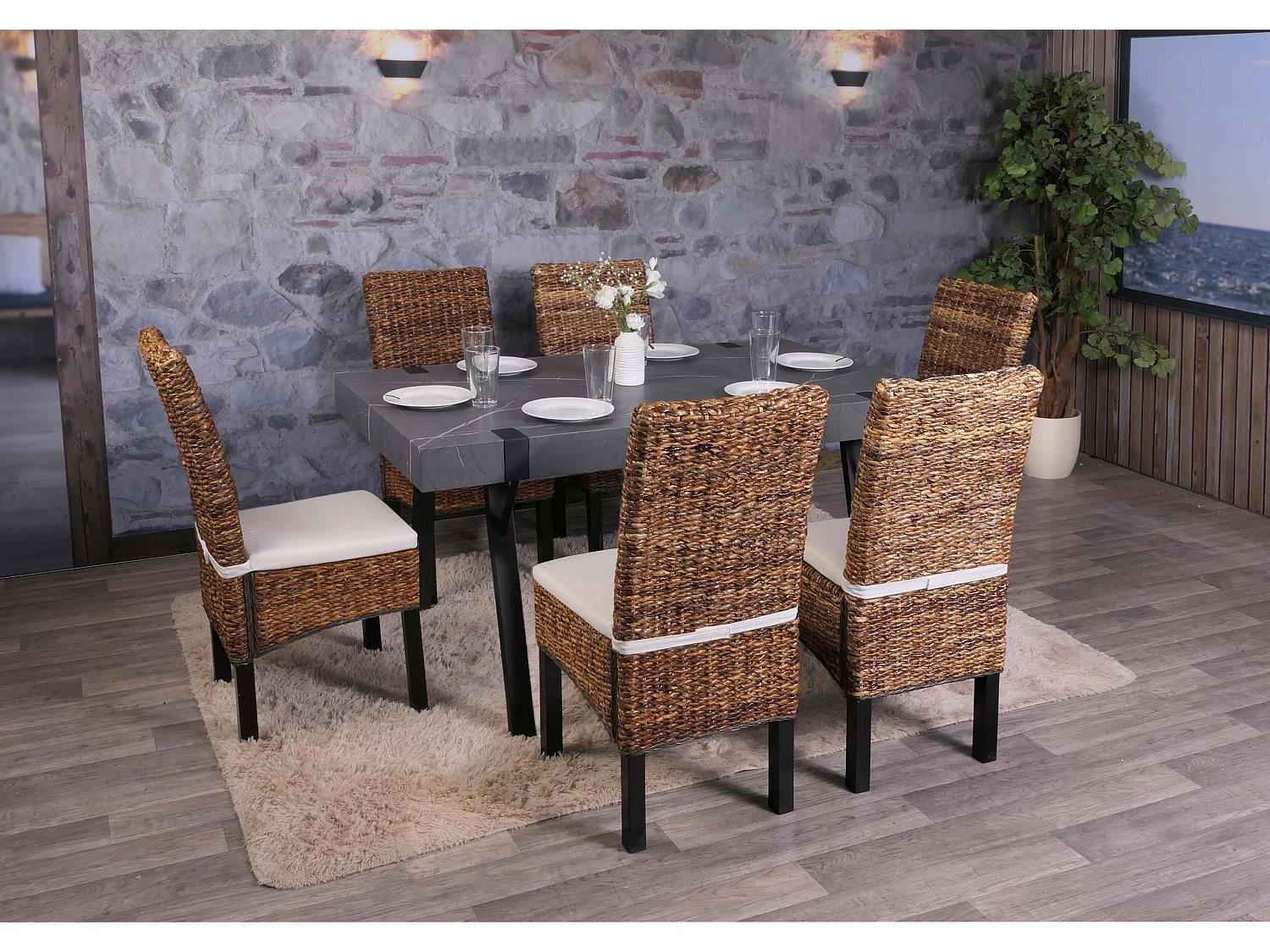 Chaise de salle à manger Loiret (lot de 6),  pieds foncés, avec coussins