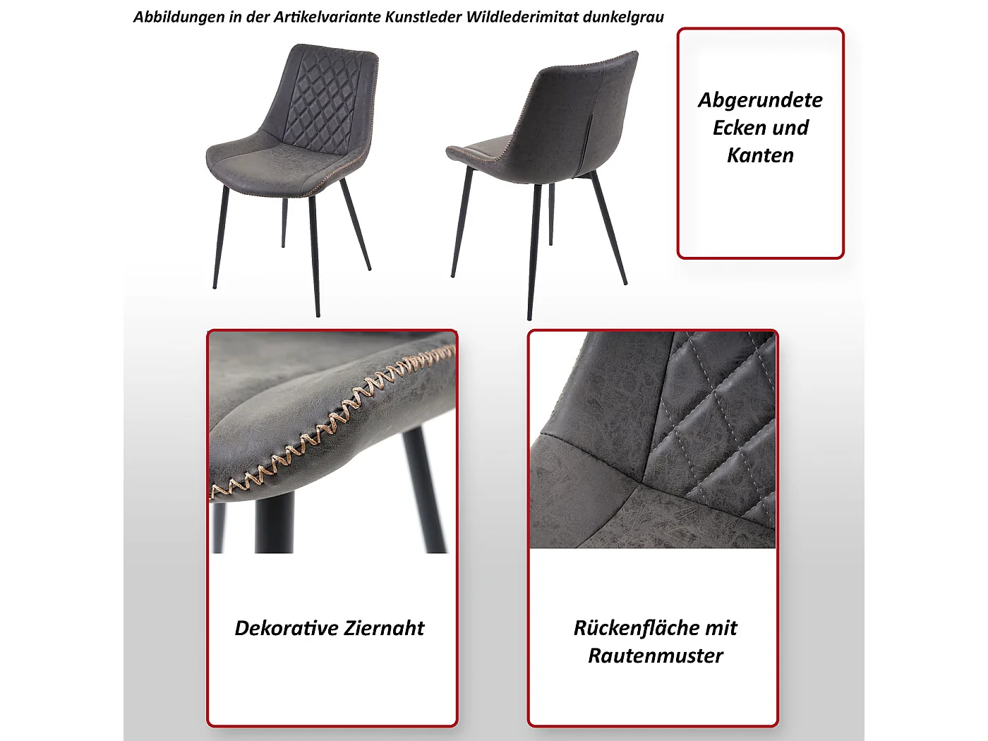 Chaise de salle à manger MCW-E56 (lot de 2),  similicuir, imitation de daim, gris foncé