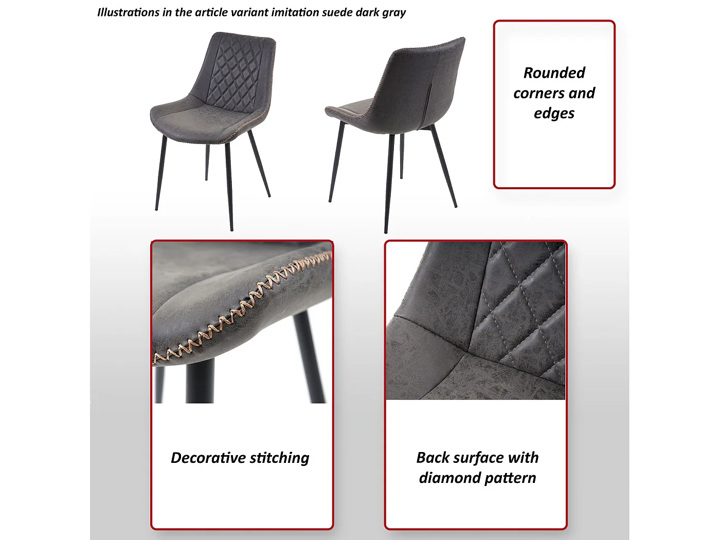 Chaise de salle à manger MCW-E56 (lot de 2),  similicuir, imitation de daim, gris foncé