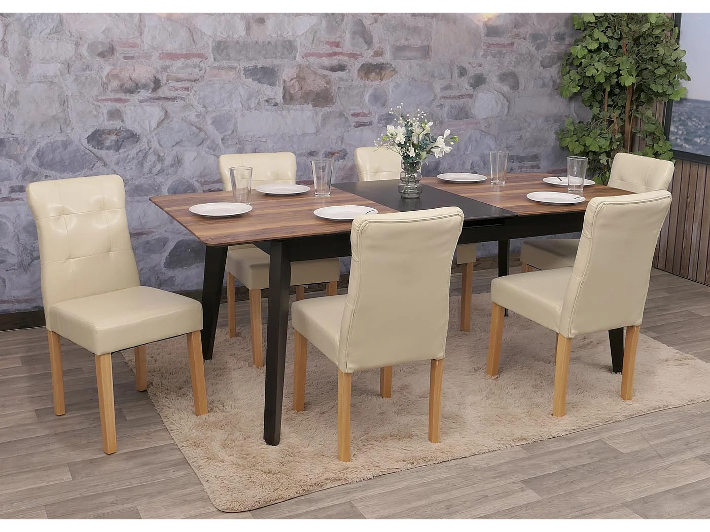 Eetkamerstoel MCW-E58 (set van 2),  kunstleer crème, lichtgekleurde poten