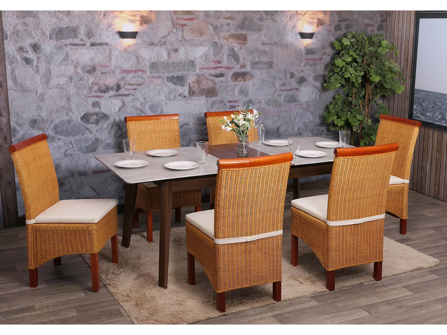 Set 6x sedie rattan vimini eleganti soggiorno sala pranzo M42 97x46x50cm ~ con cuscini
