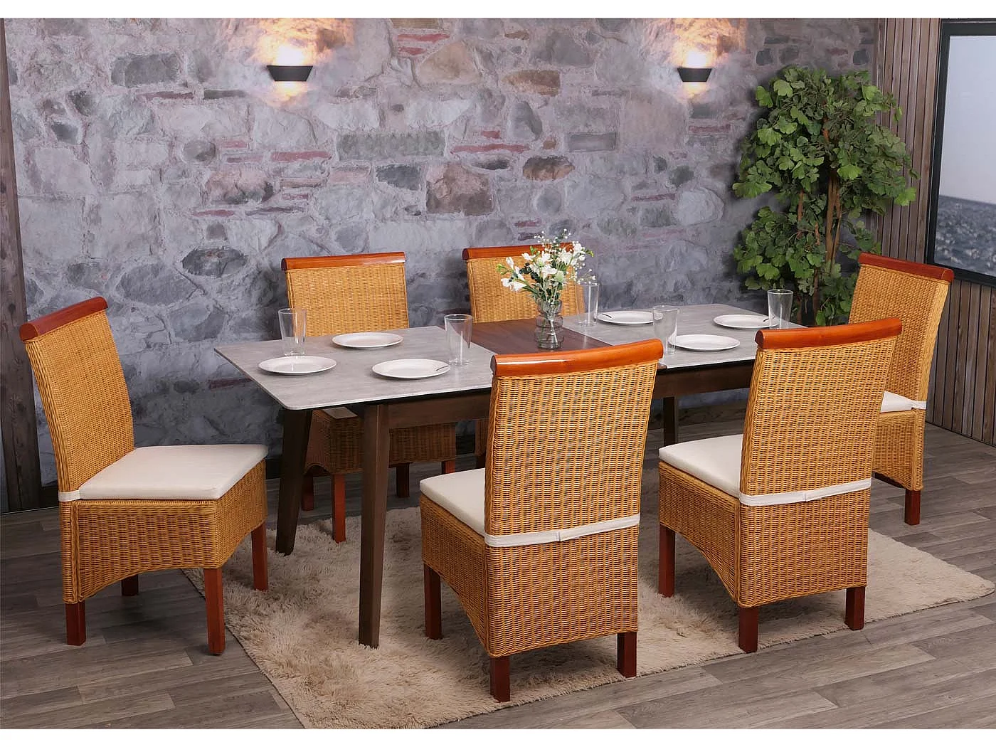 Set 6x sedie rattan vimini eleganti soggiorno sala pranzo M42 97x46x50cm ~ con cuscini