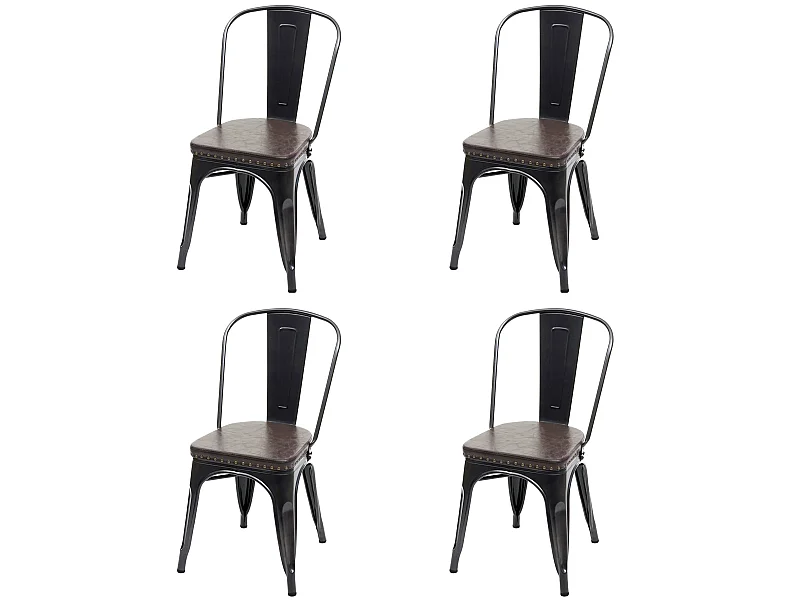 Set 4x sedie impilabili design industriale MCW-H10e acciaio verniciato ecopelle nero e marrone