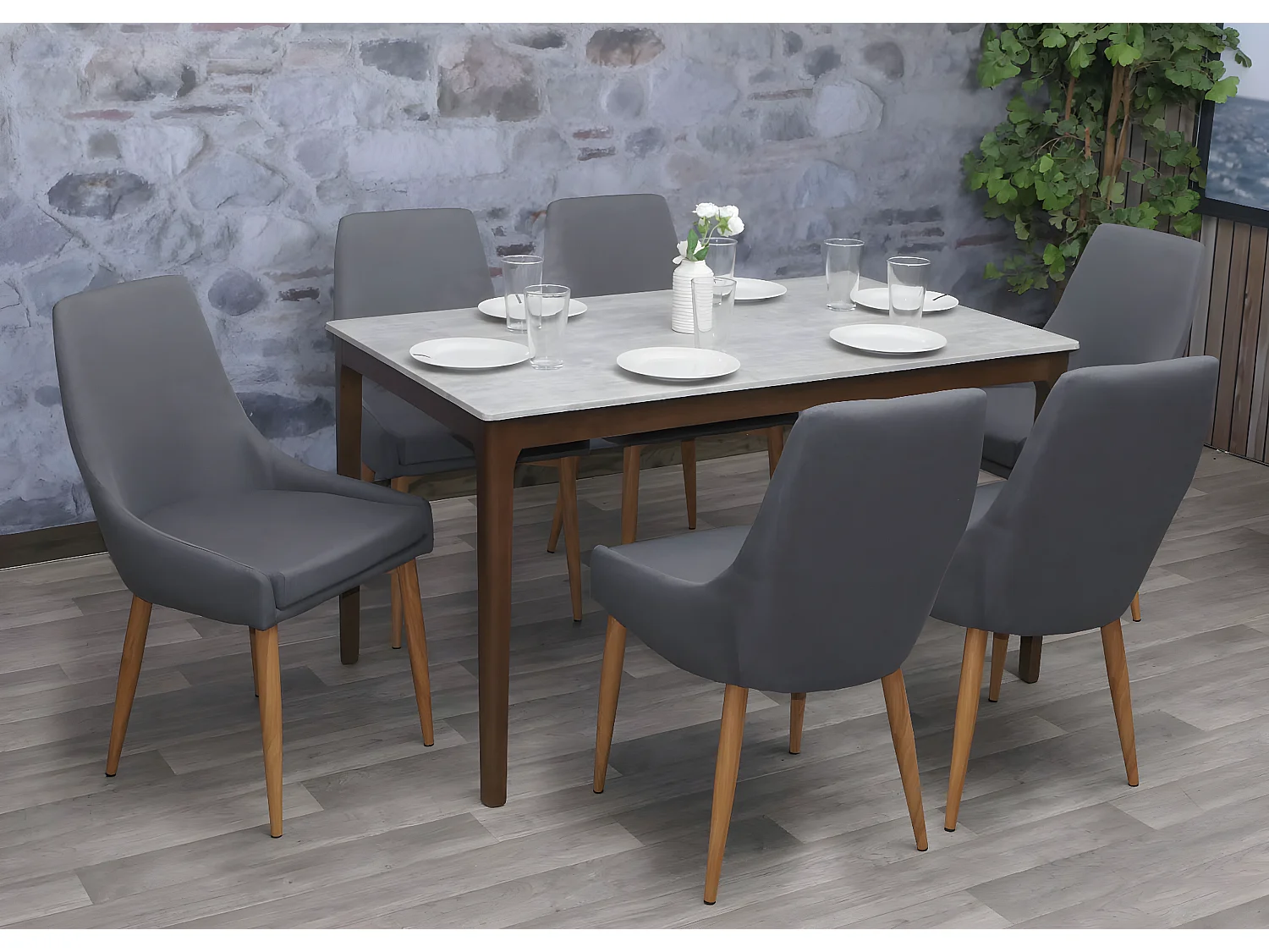 Set 6x sedie imbottite MCW-B44 II design retro anni 50 metallo tessuto grigio