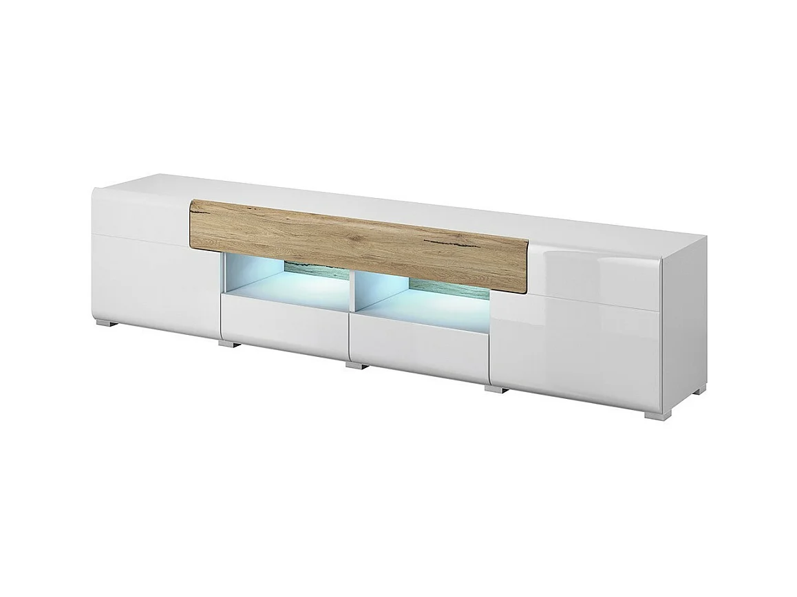 Meuble TV 210cm collection OHIO. Coloris blanc et finitions chêne