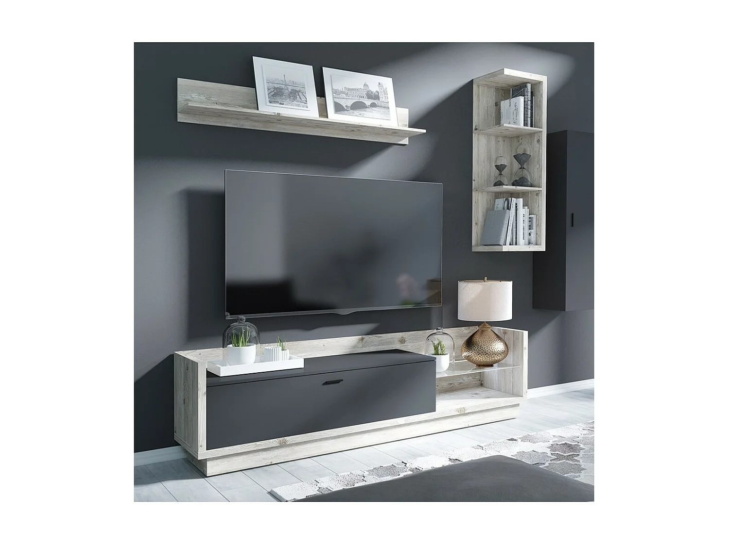 Meuble TV XL 220cm. Collection CORK. Coloris Pin et gris anthracite