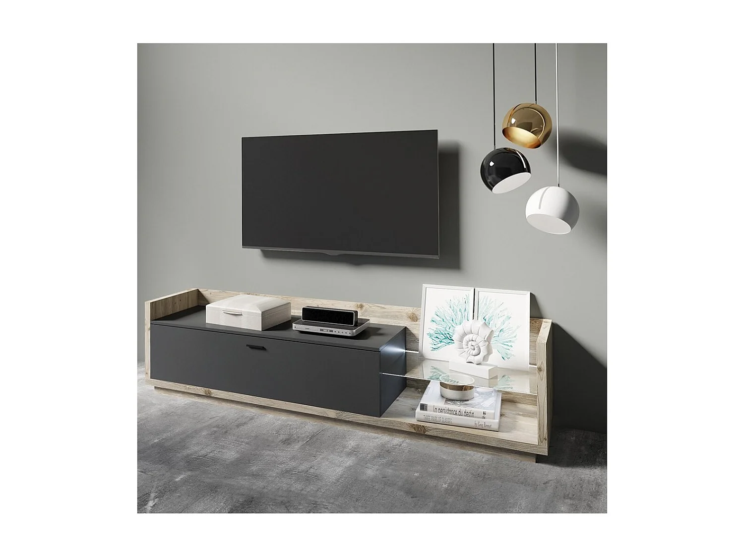 Meuble TV XL 220cm. Collection CORK. Coloris Pin et gris anthracite