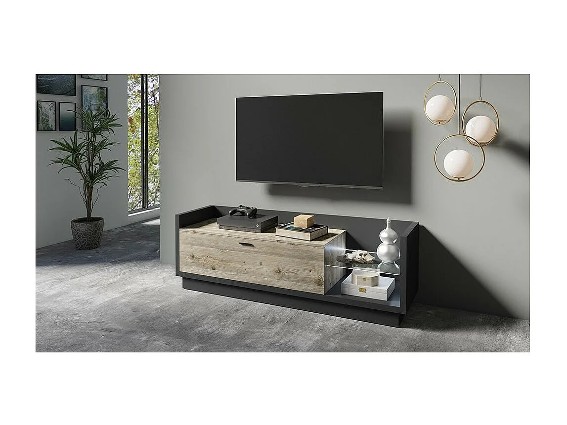 Meuble TV XL 220cm. Collection CORK. Coloris gris anthracite et pin