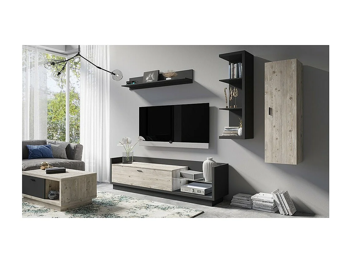Meuble TV XL 220cm. Collection CORK. Coloris gris anthracite et pin