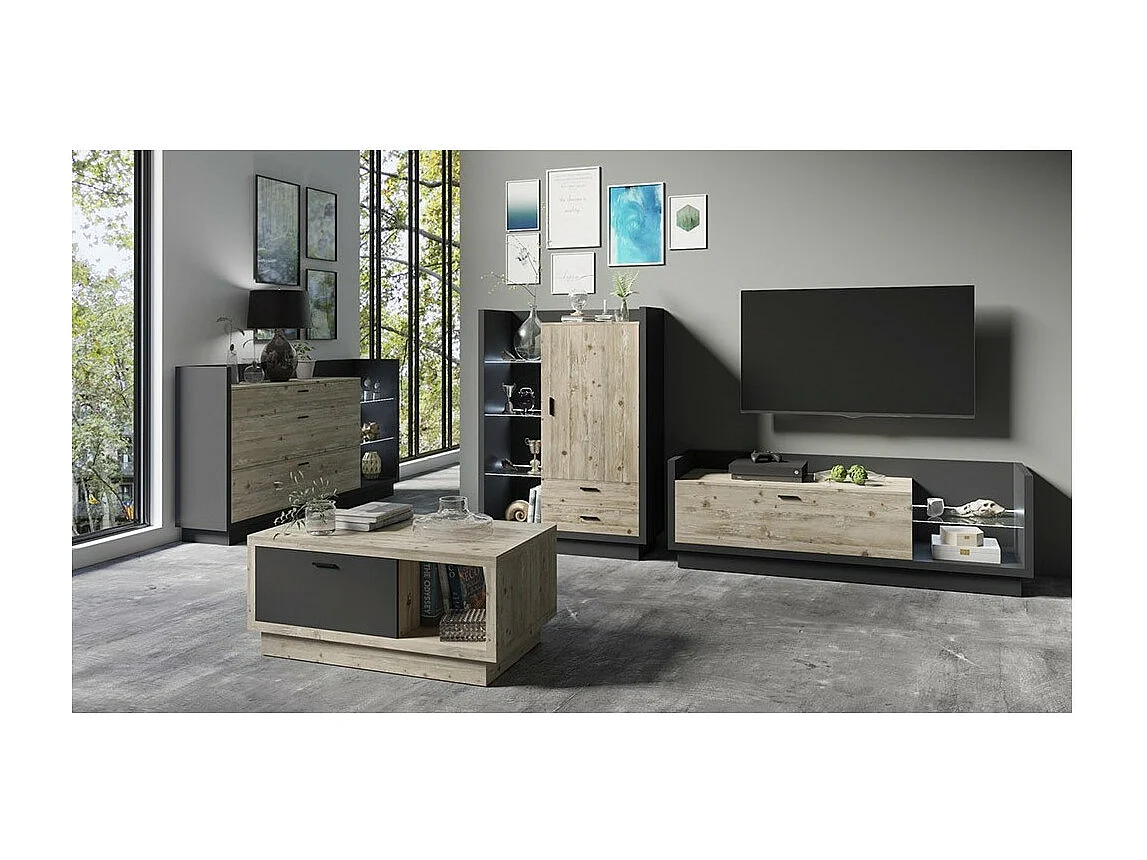 Meuble TV XL 220cm. Collection CORK. Coloris gris anthracite et pin
