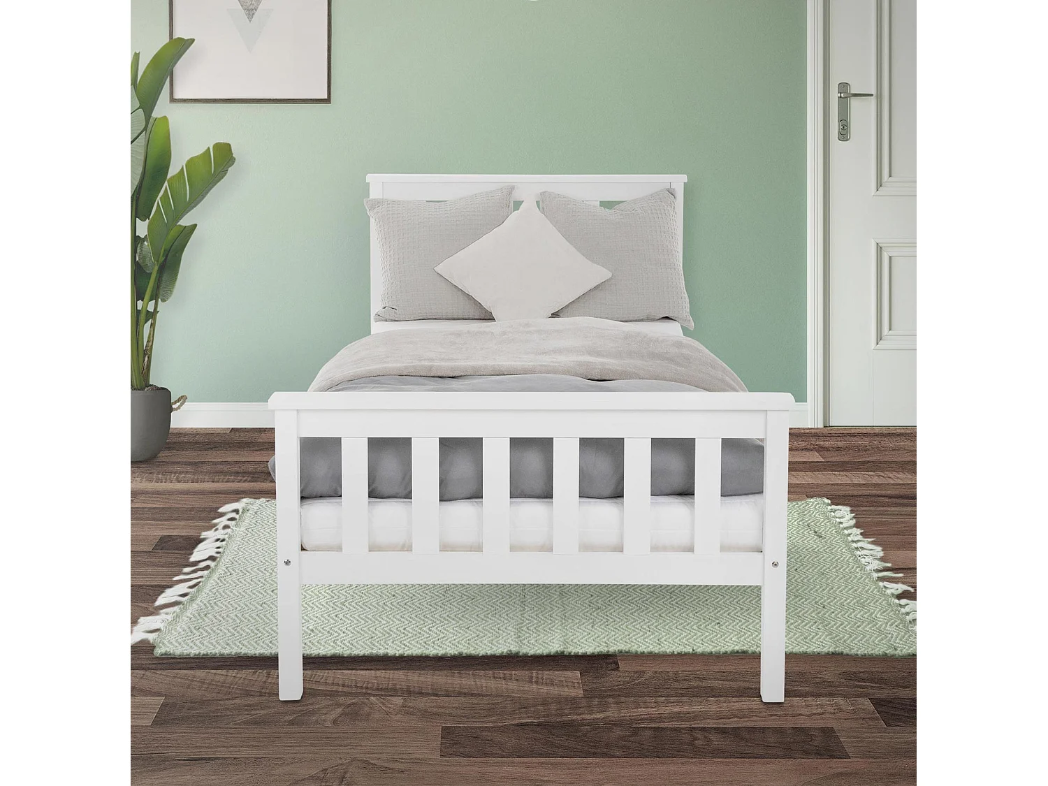 Letto singolo in legno con testiera e pediera rete a doghe 200 x 90 cm bianco
