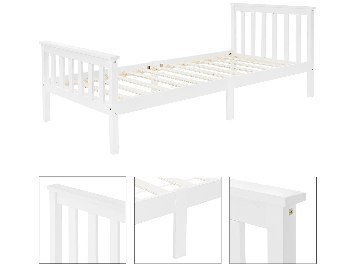 Letto singolo in legno con testiera e pediera rete a doghe 200 x 90 cm bianco