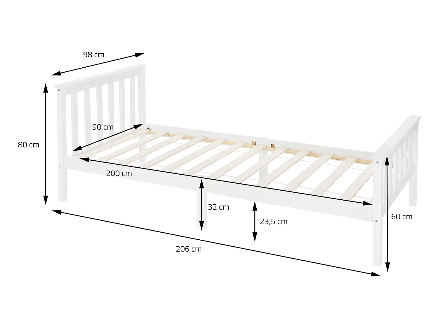Letto singolo in legno con testiera e pediera rete a doghe 200 x 90 cm bianco