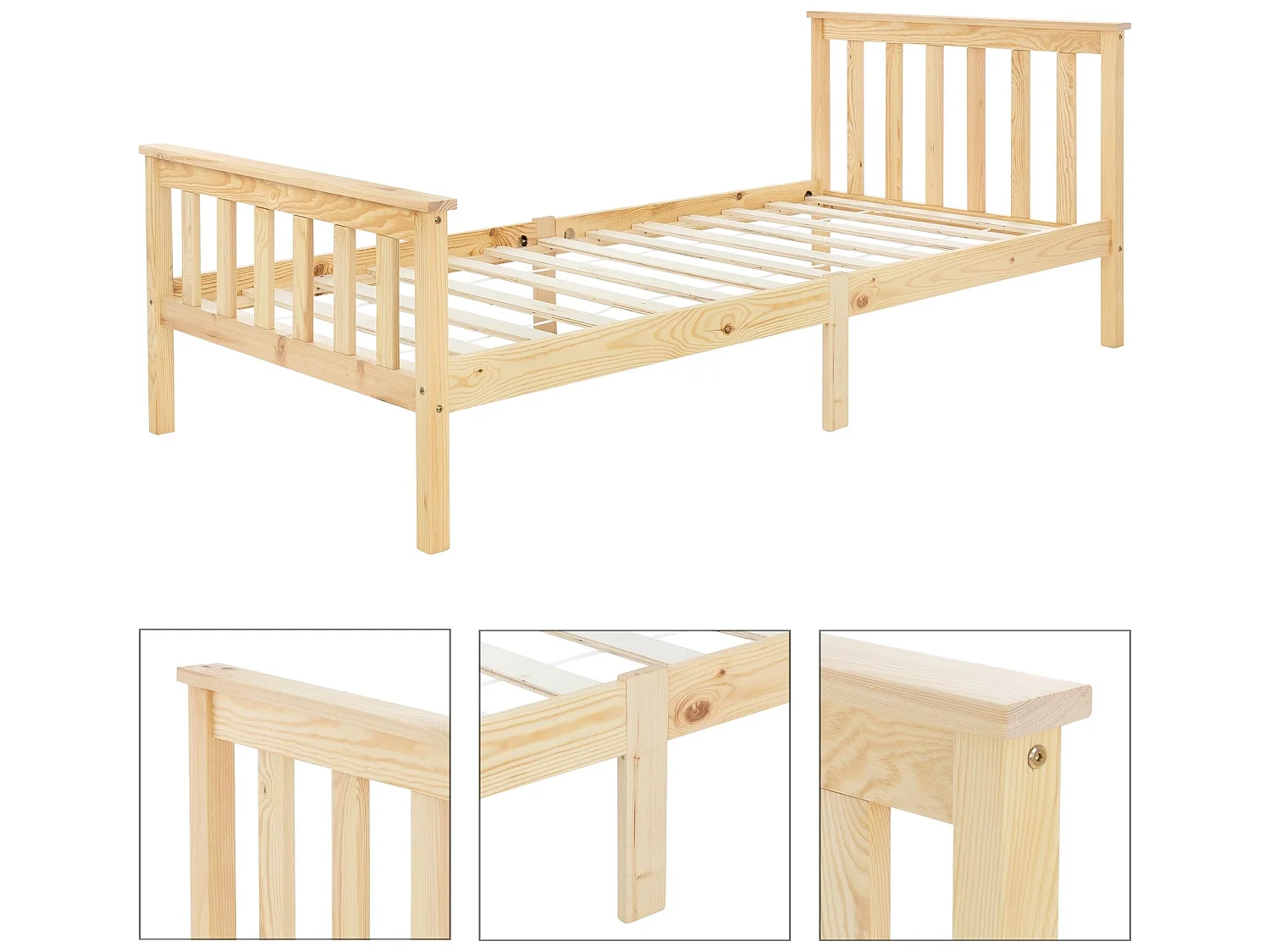 Letto singolo in legno con testiera e pediera rete a doghe 200 x 90 cm naturale