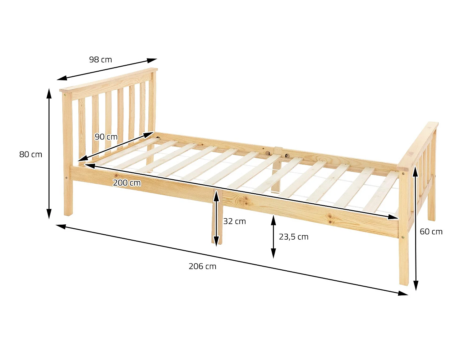 Letto singolo in legno con testiera e pediera rete a doghe 200 x 90 cm naturale