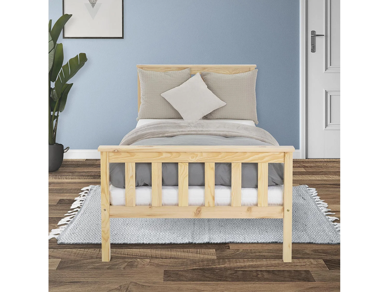 Lit simple en bois de pin naturel d`adolescents avec sommier à lattes 200x90 cm