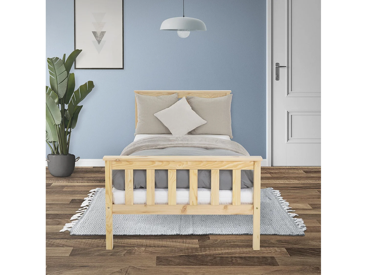 Lit simple en bois de pin naturel d`adolescents avec sommier à lattes 200x90 cm