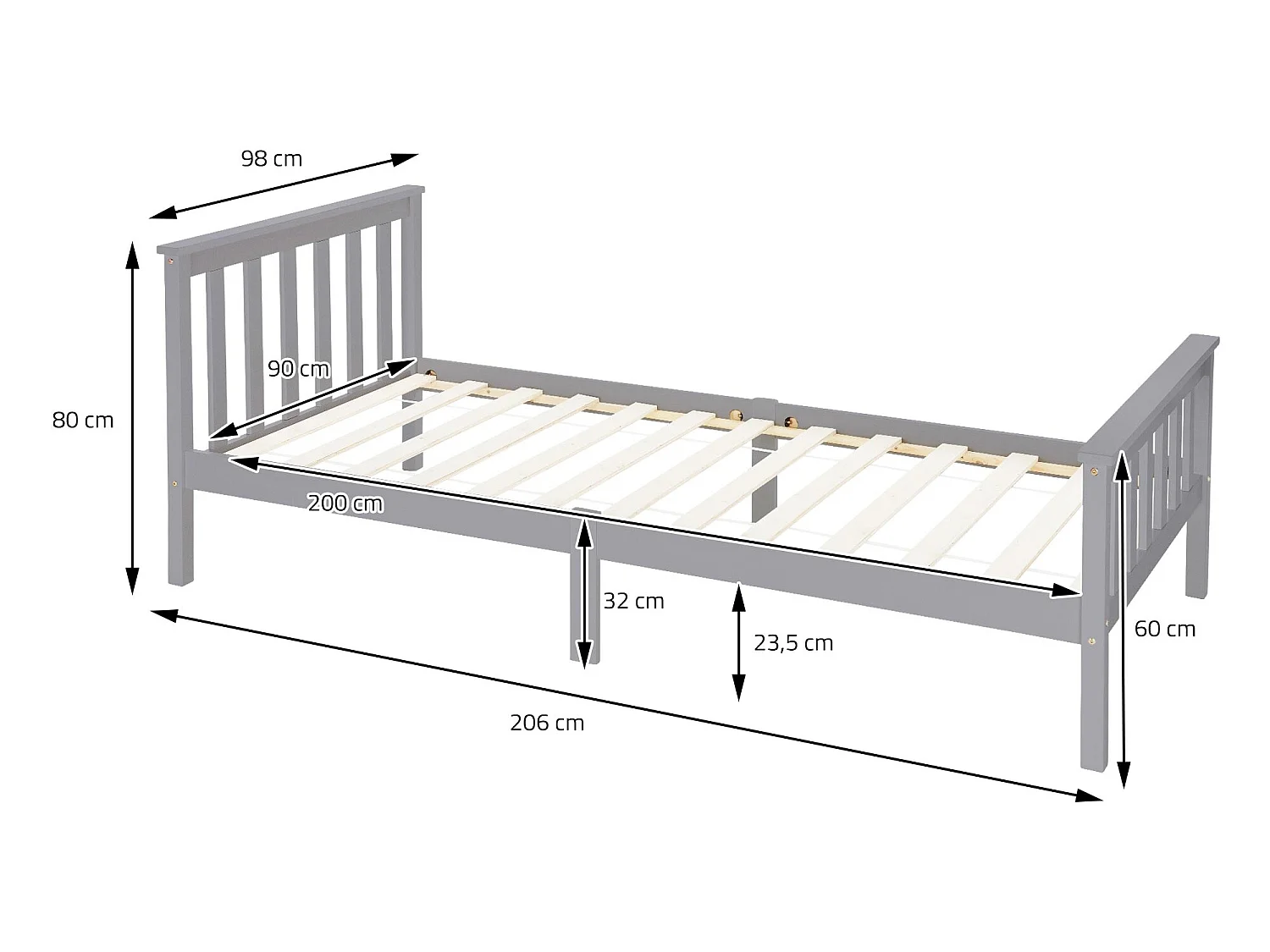 Letto singolo in legno con testiera e pediera rete a doghe 200 x 90 cm grigio