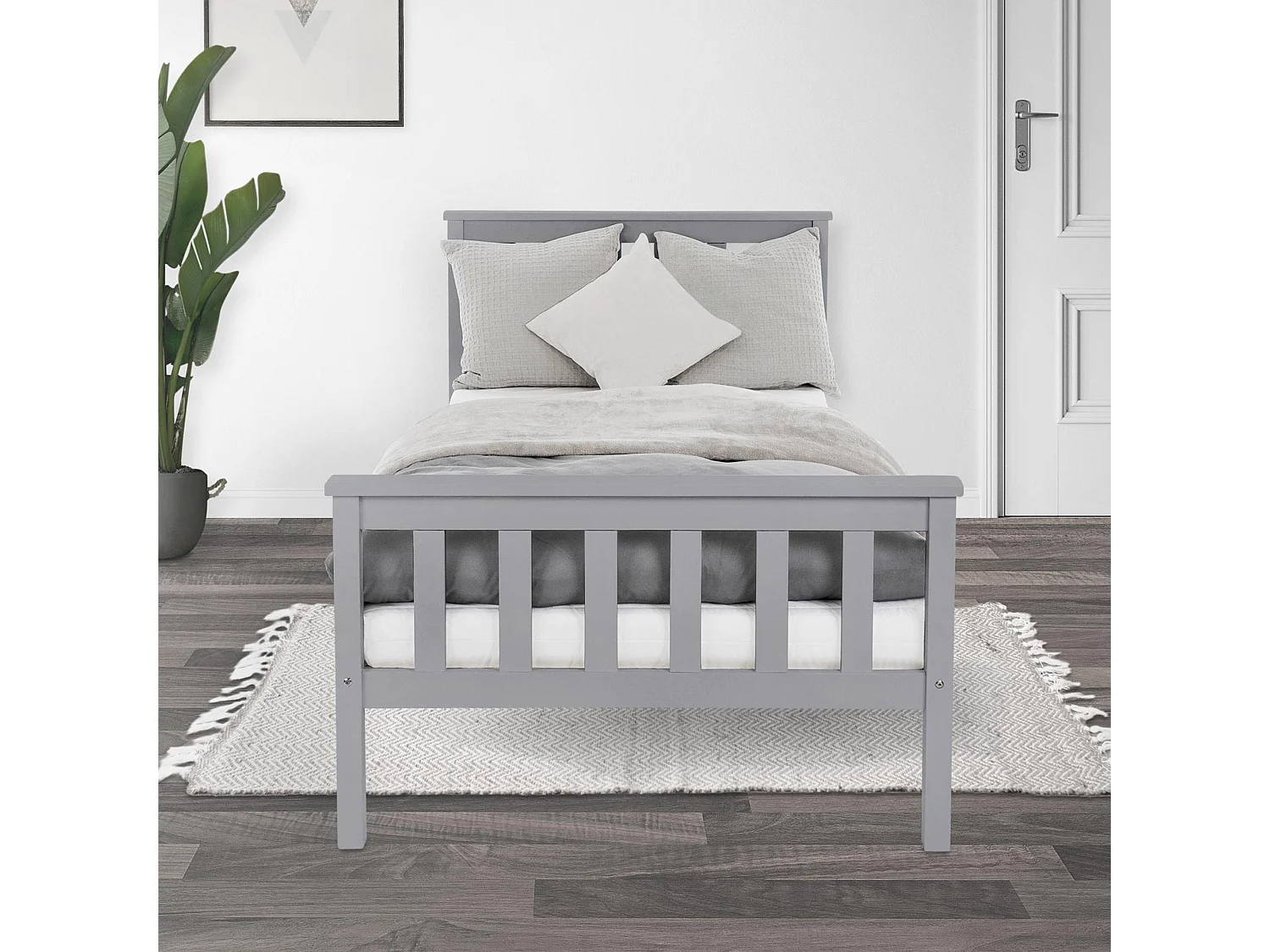 Letto singolo in legno con testiera e pediera rete a doghe 200 x 90 cm grigio