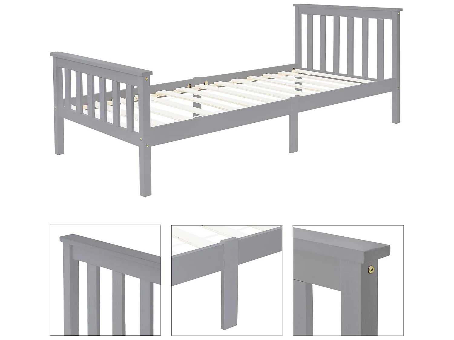 Letto singolo in legno con testiera e pediera rete a doghe 200 x 90 cm grigio