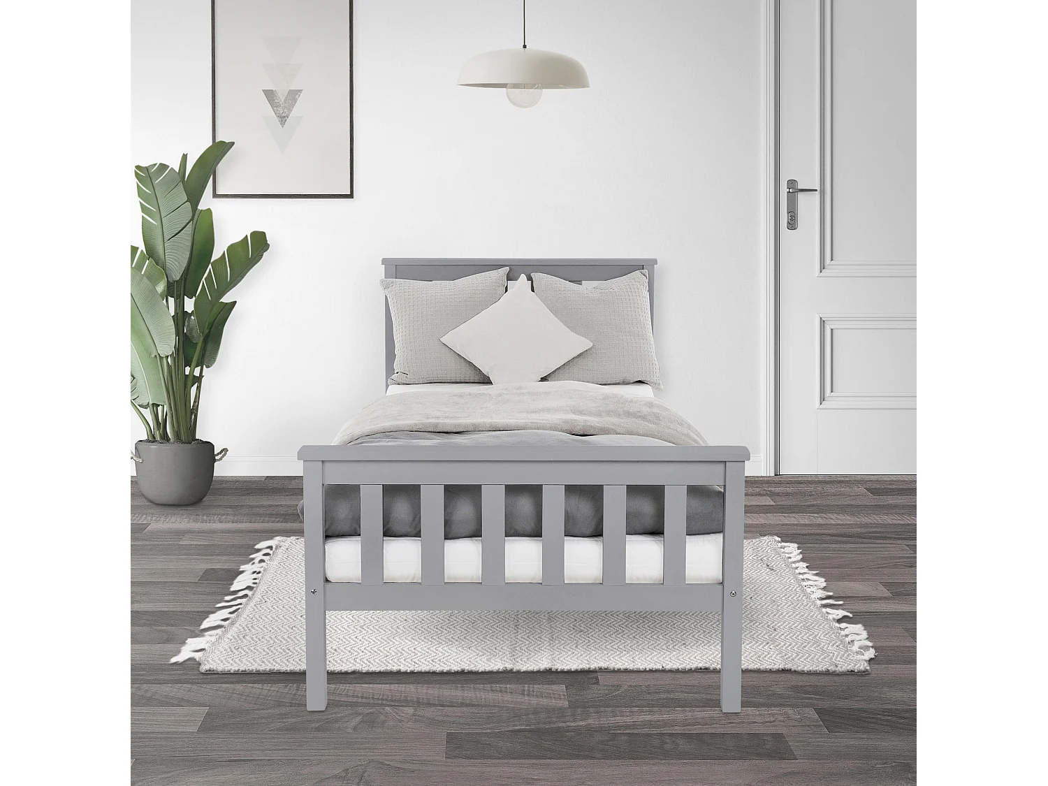 Letto singolo in legno con testiera e pediera rete a doghe 200 x 90 cm grigio
