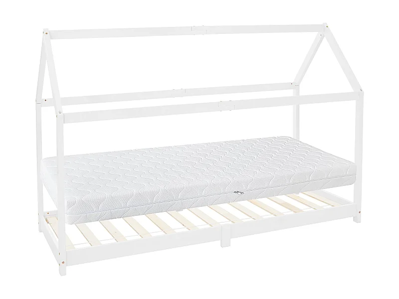 ML-Design Letto casetta tipi 90x200 cm bianco in legno di pino massiccio con telaio a doghe, materasso 16 cm in schiuma fredda, lettino da gioco