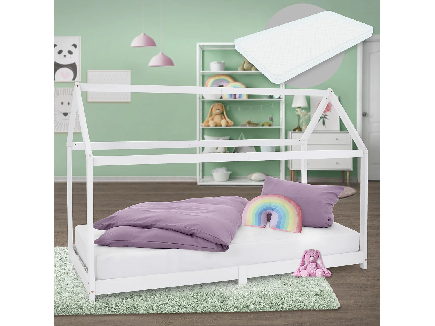 Lit d'enfants 90x200 cm gris clair style maison en bois de pin massif avec matelas H:16 cm housse amovible sommier et toit d'intérieur filles garçons