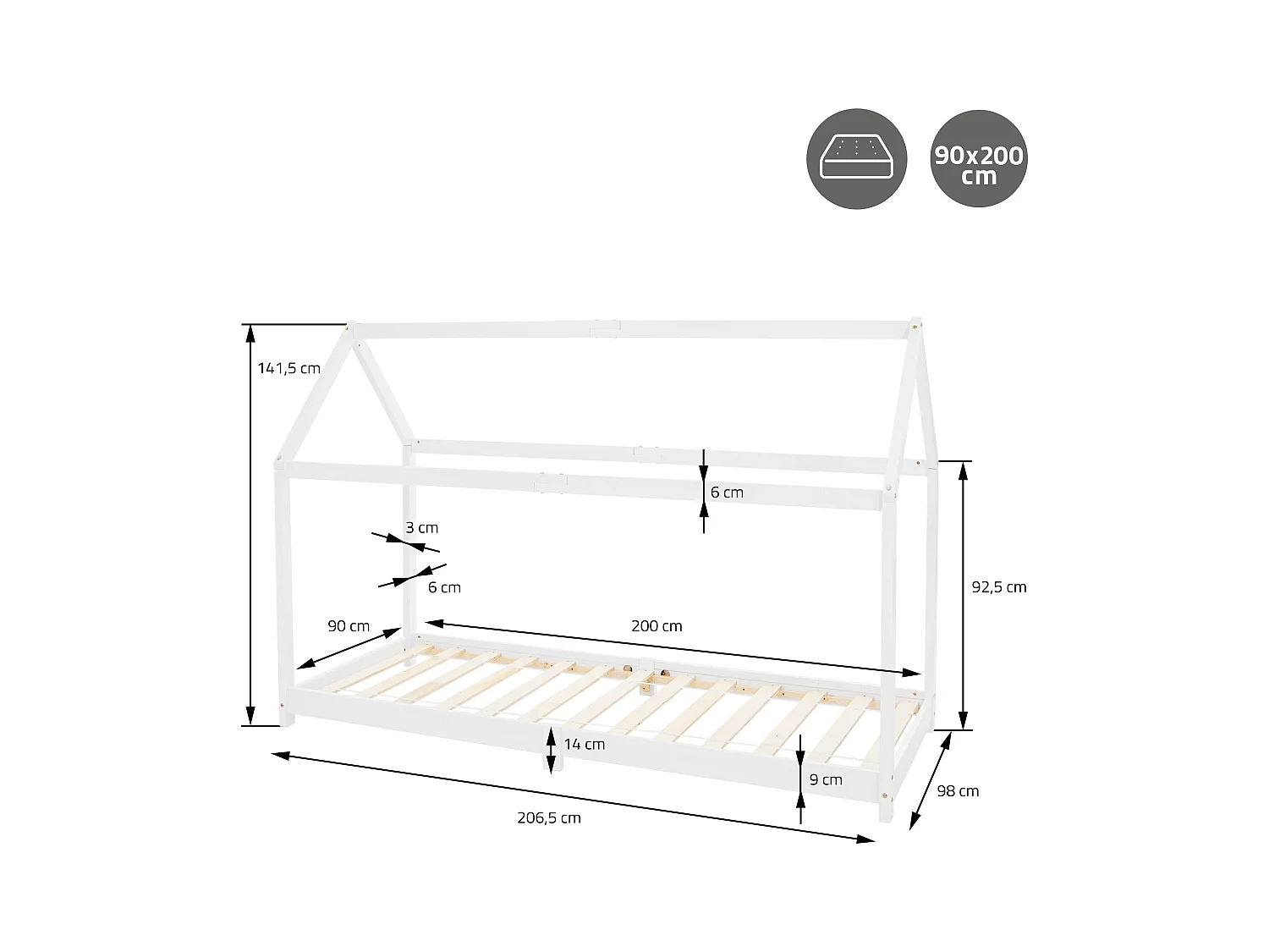 Lit d'enfants 90x200 cm gris clair style maison en bois de pin massif avec matelas H:16 cm housse amovible sommier et toit d'intérieur filles garçons