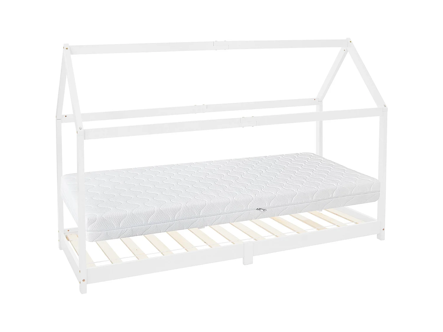 Lit d'enfants 90x200 cm gris clair style maison en bois de pin massif avec matelas H:16 cm housse amovible sommier et toit d'intérieur filles garçons