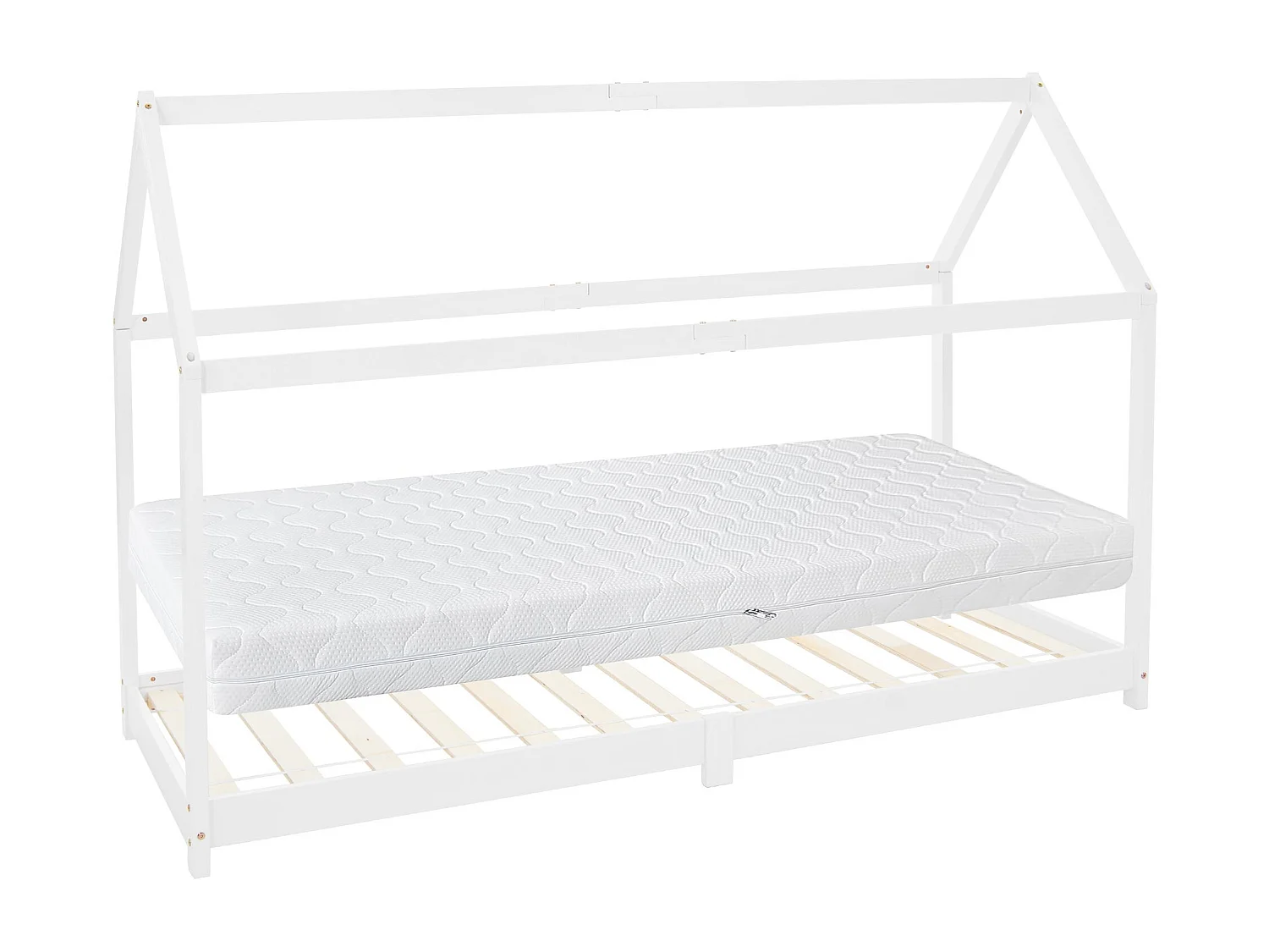 Lit d'enfants 90x200 cm gris clair style maison en bois de pin massif avec matelas H:16 cm housse amovible sommier et toit d'intérieur filles garçons