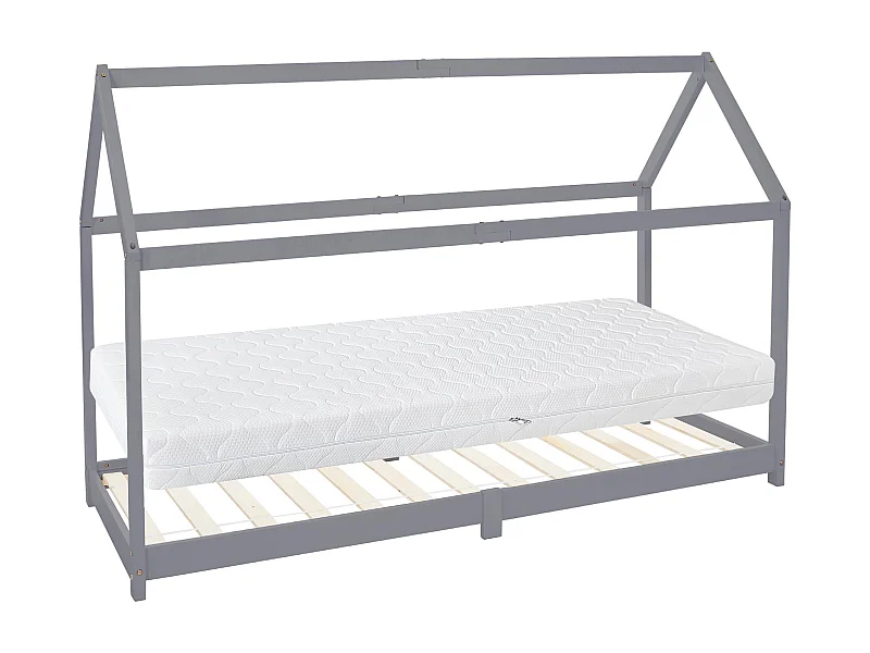 ML-Design Letto casetta per bambini 90x200 cm grigio chiaro in pino con telaio a doghe e materasso 16 cm in schiuma fredda lettino Montessori
