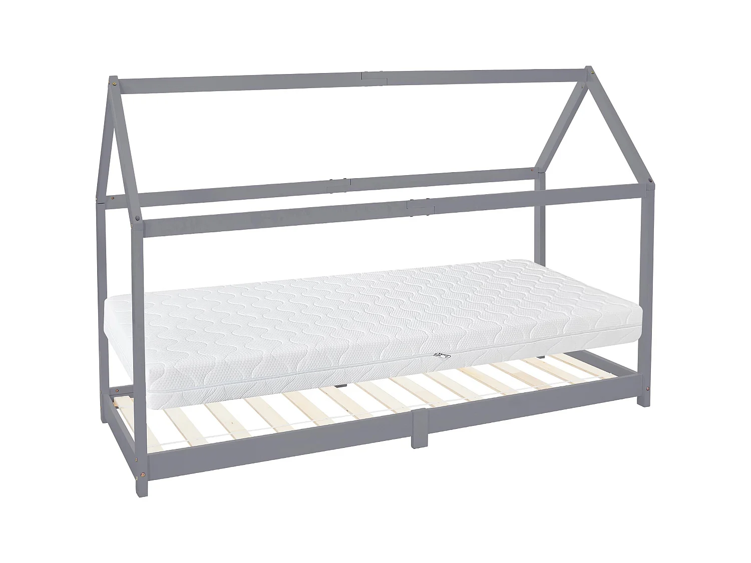 Lit d'enfants 90x200 cm gris clair style maison en bois de pin massif avec matelas H16 cm housse amovible sommier et toit d'intérieur filles garçons