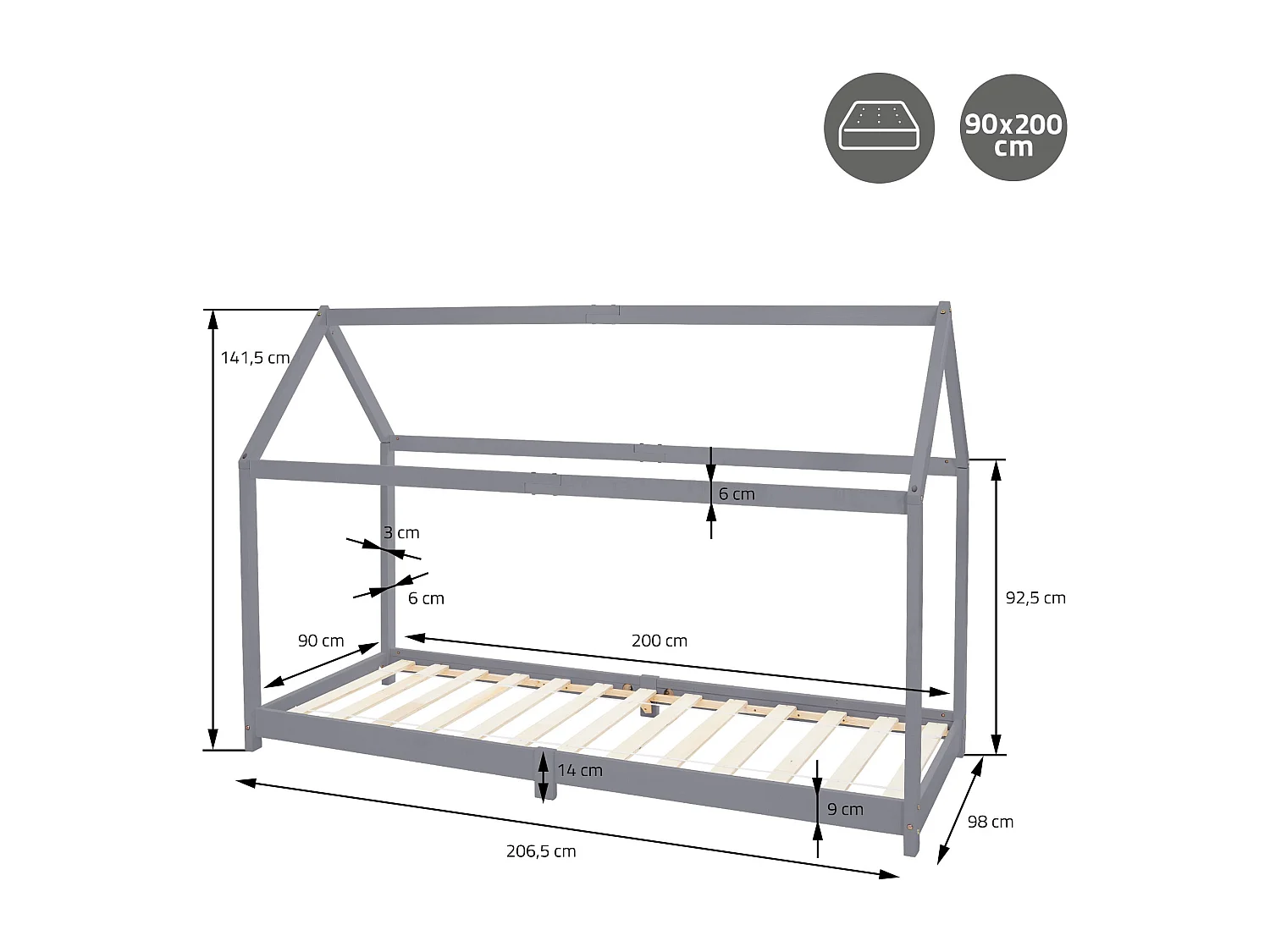 ML-Design Letto casetta per bambini 90x200 cm grigio chiaro in pino con telaio a doghe e materasso 16 cm in schiuma fredda lettino Montessori