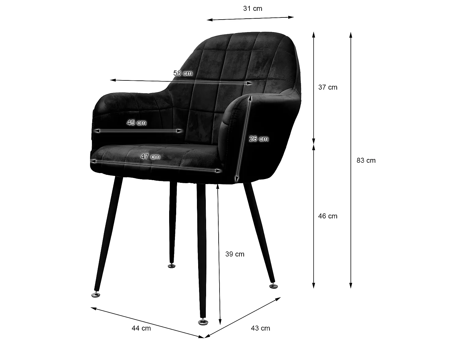 4x Chaises salle à manger tendance rétro fauteuil velours pieds métalliques noir