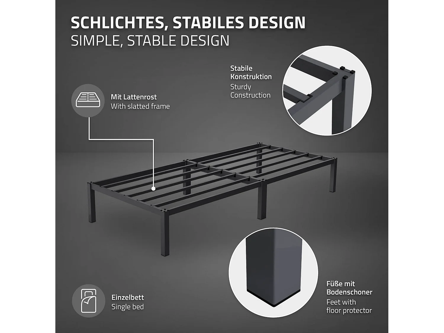 Letto singolo in metallo telaio in acciaio nero con rete a doghe 90 x 200 cm