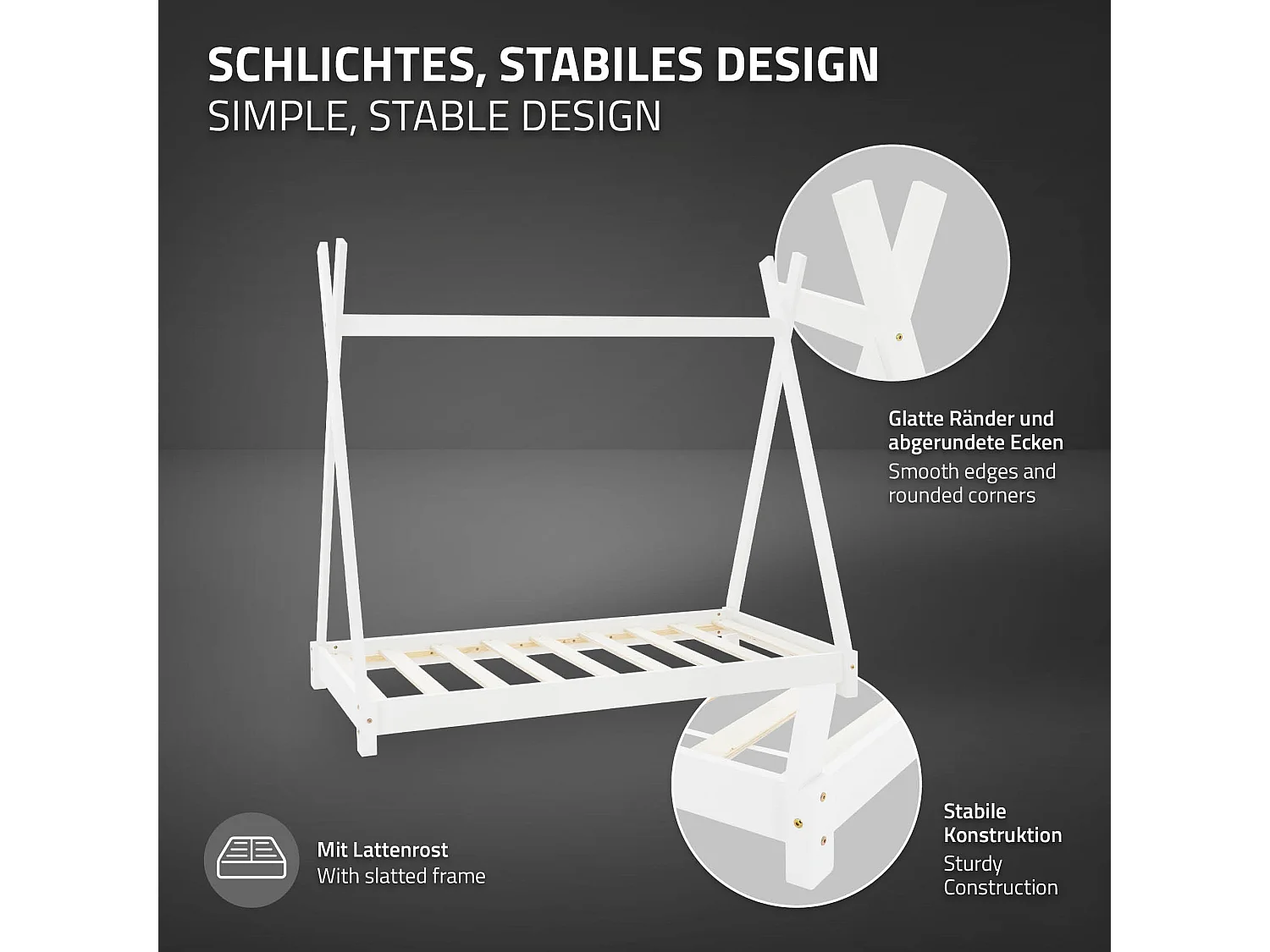 Lit d'enfants Tipi 80x160cm blanc avec sommier à lattes en bois de pin massif tente indien cadre de lit stable robuste lit simple de jeu d`adolescents