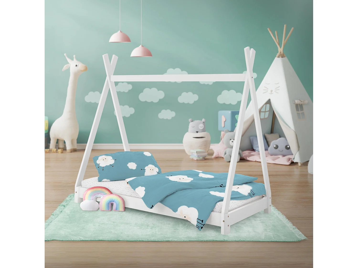 Lit d'enfants Tipi 80x160cm blanc avec sommier à lattes en bois de pin massif tente indien cadre de lit stable robuste lit simple de jeu d`adolescents