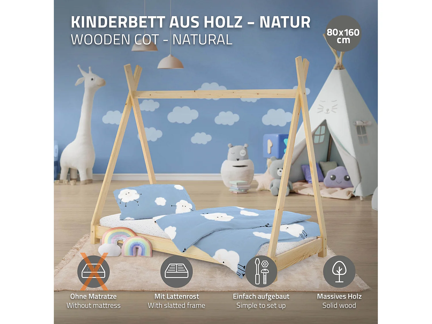 ML-Design Cama infantil tipi 80x160cm color natural con protección anticaída y somier mobiliario con estructura de listones madera de pino maciza