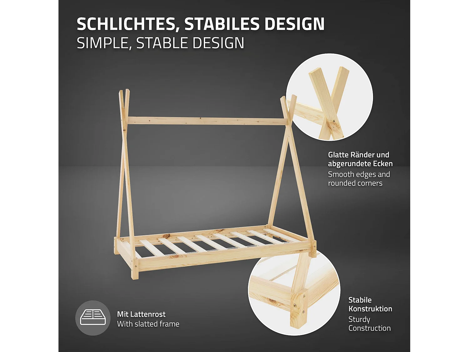 Lit d'enfants Tipi 80x160 cm nature avec sommier à lattes bois de pin massif tente indien cadre de lit stable robuste lit simple de jeu d`adolescents