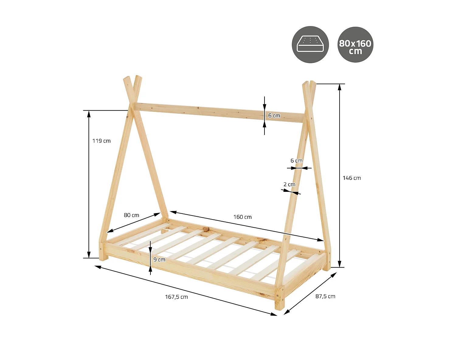 Lit d'enfants Tipi 80x160 cm nature avec sommier à lattes bois de pin massif tente indien cadre de lit stable robuste lit simple de jeu d`adolescents