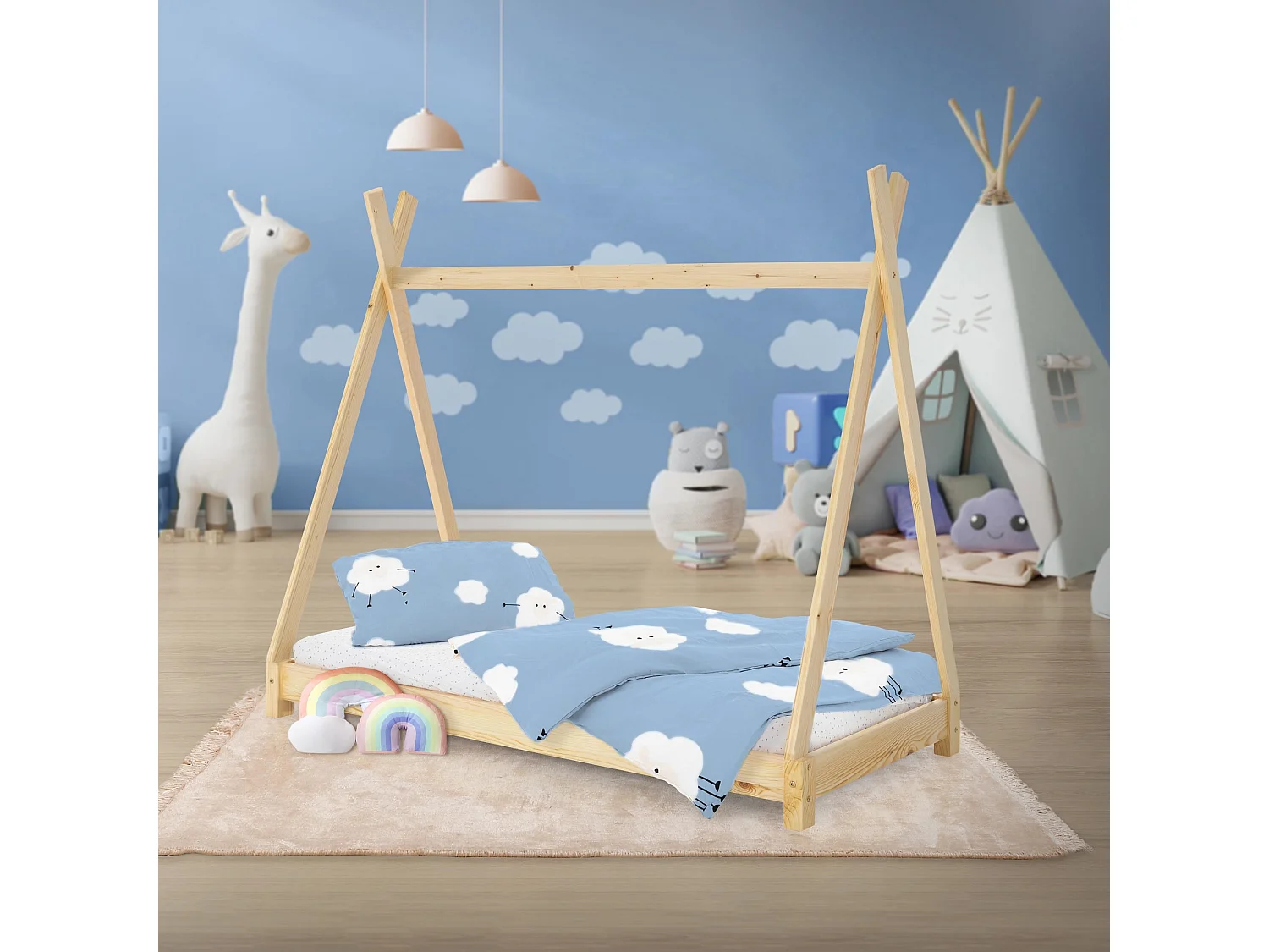 Lit d'enfants Tipi 80x160 cm nature avec sommier à lattes bois de pin massif tente indien cadre de lit stable robuste lit simple de jeu d`adolescents