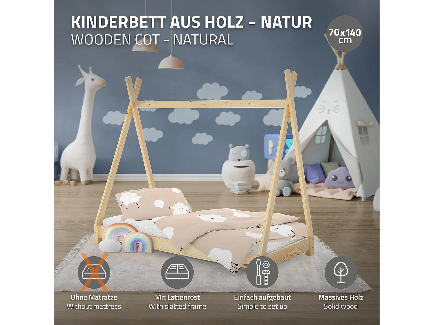 ML-Design Lettino per bambini design tepee con rete telaio a doghe 70x140 cm, letto basso a forma di tenda indiana, giroletto legno pino naturale