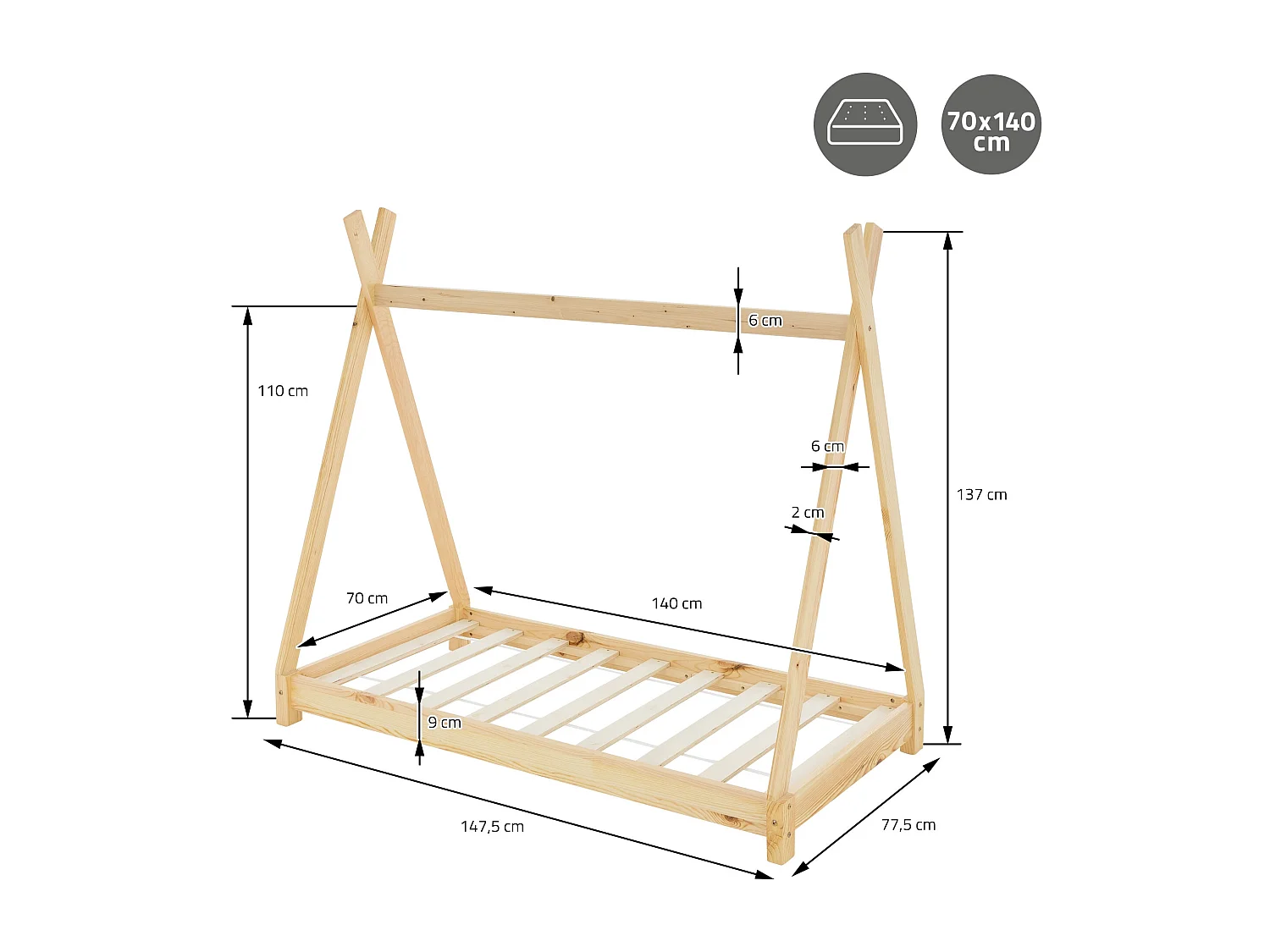 ML-Design Lettino per bambini design tepee con rete telaio a doghe 70x140 cm, letto basso a forma di tenda indiana, giroletto legno pino naturale
