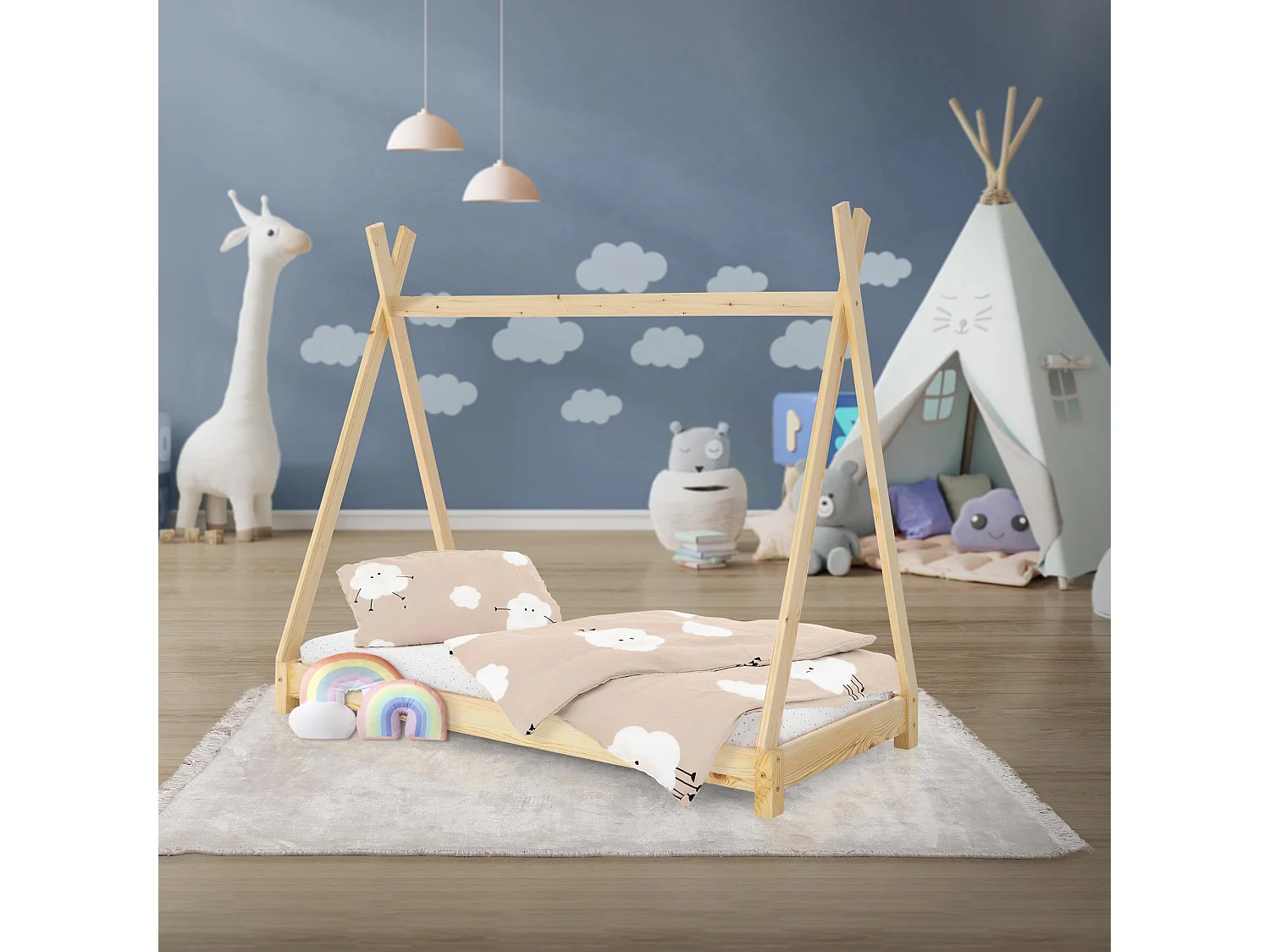 Lit d'enfants Tipi 70x140 cm avec sommier à lattes naturel en bois de pin massif tente indien cadre stable robuste lit simple de jeu d`adolescents